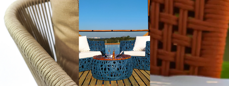 Detalhes de móveis para área externa sol e chuva, incluindo corda náutica, alumínio e fibra sintética, ideais para varandas, jardins e piscinas.