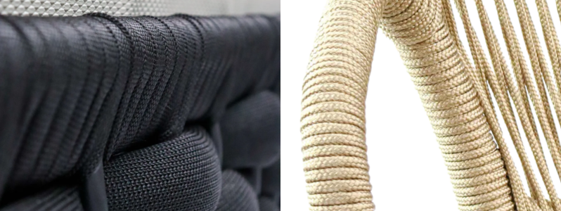Detalhe comparativo entre tricô náutico preto e corda náutica bege para móveis externos.
