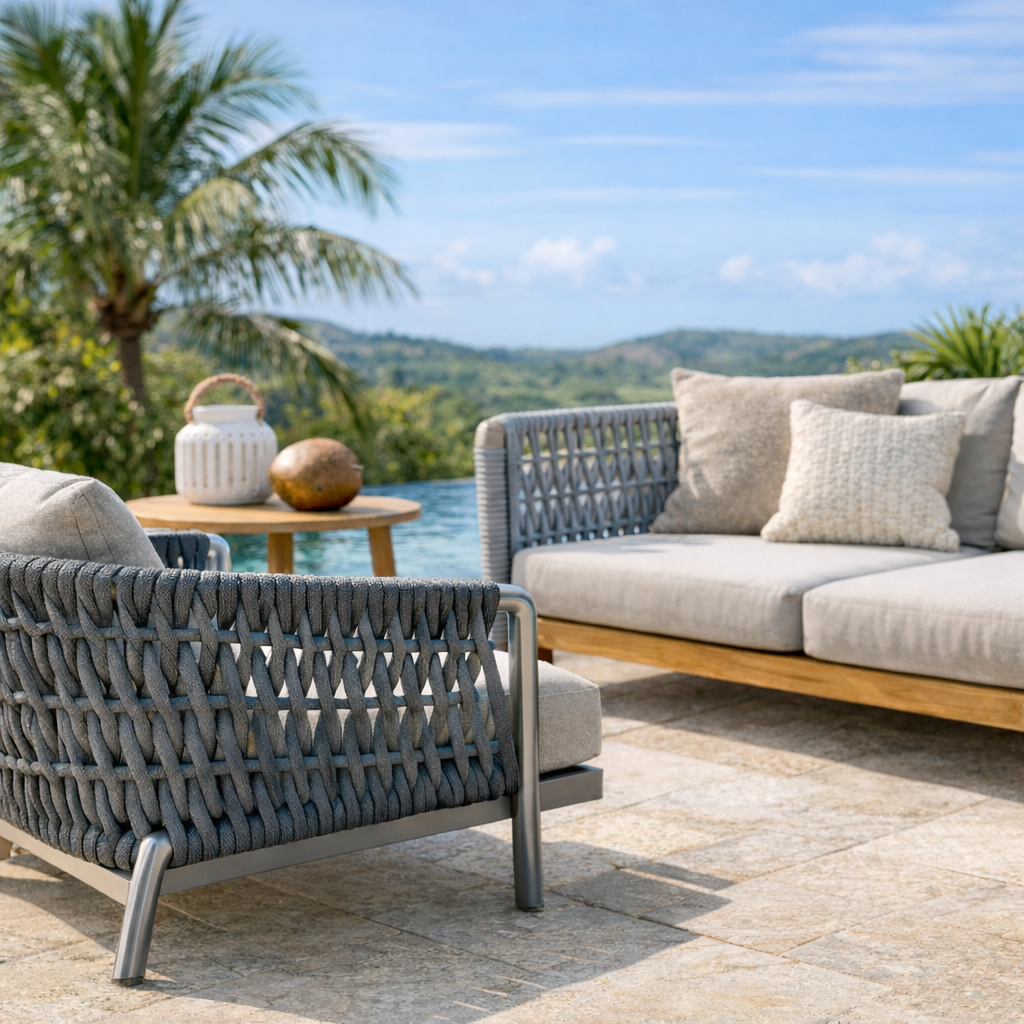Móveis de área externa com corda náutica em ambiente ao ar livre, com sofá e poltrona em design moderno, estrutura em alumínio, piscina ao fundo e paisagem natural iluminada pelo sol.