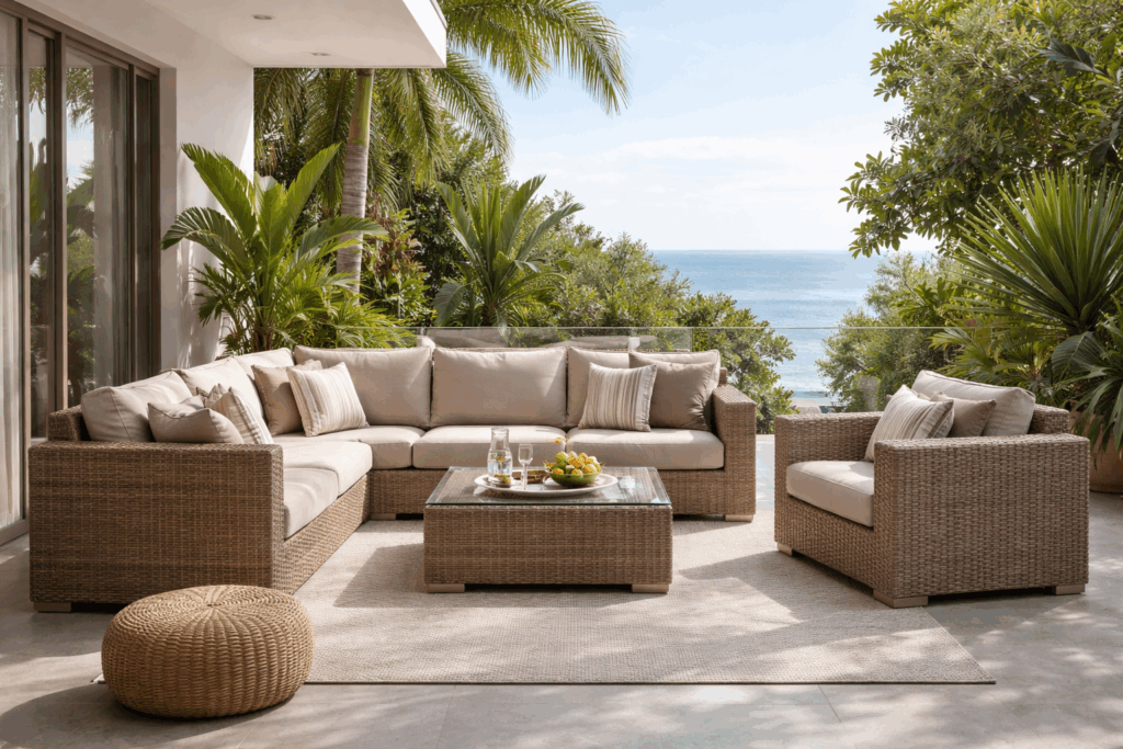 Móveis para área externa em fibra sintética em varanda com vista para o mar, destacando a durabilidade e resistência do material ao sol e à umidade.